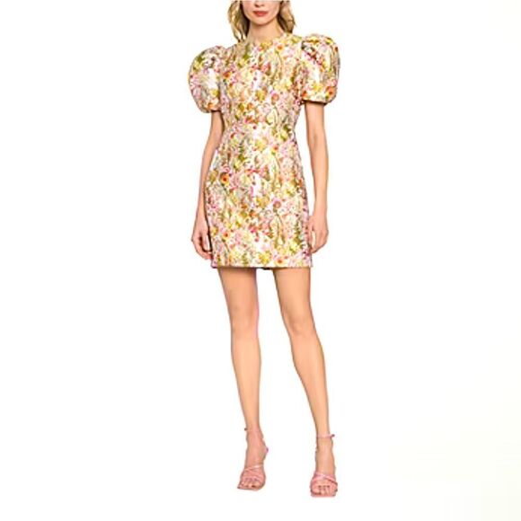 Clover and Sloane Pink Green Floral Print Jacquard Puff Sleeve Sheath Mini Dress - Picture 1 of 16